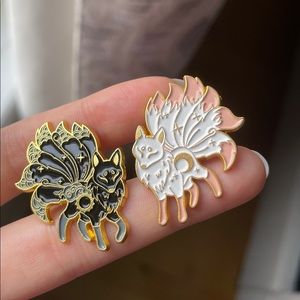 Set of 2 Enamel Pins - Spiritual Foxes Sun and Moon Black and White